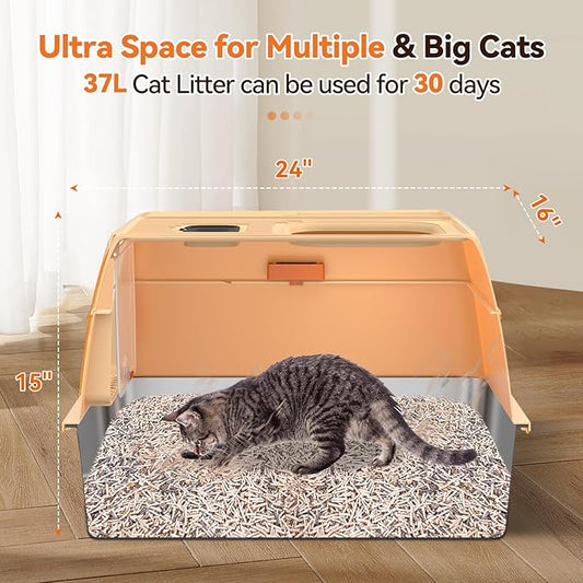 Stainless Steel Litter Box with Lid, Cat Litter Box Enclosure XL Odor-Proof with Litter Mat, Covered Litter Box Rust-Resistant Durable for Big Cat, Easy Clean 37L Capacity (Beige)