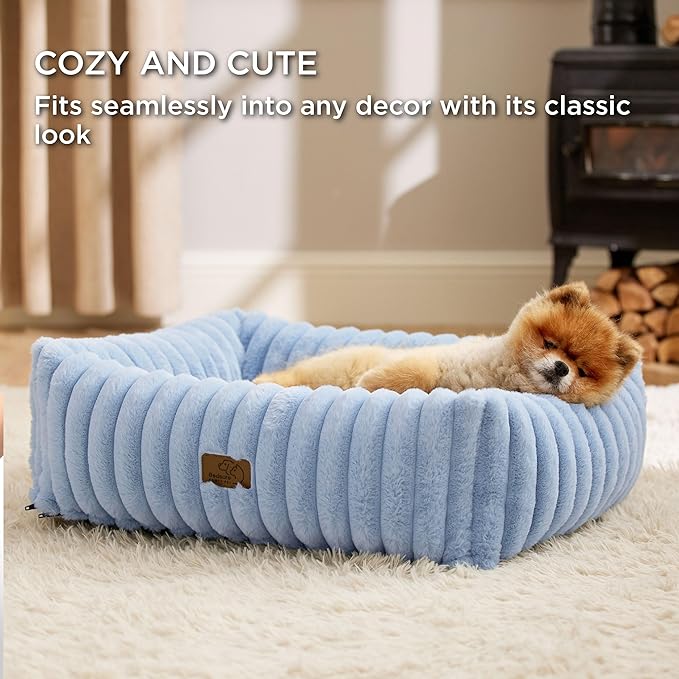 Bedsure Washable Dog Bed for Medium Dogs - Cute Furry Puppy Beds, Rectangle Orthopedic Corduroy Fleece Pet Beds with Removable Zipper Cover, 25x21x7inches, Blue