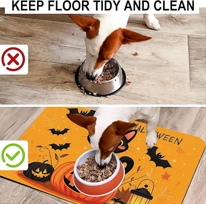 Happy Halloween Cat Pet Feeding Mat for Floors-Absorbent Dog Bowl Mat for Food and Water, Quick Dry Pet Cat Feeding Mats with Non Slip Bottom, Mess-Free Dog Accessories 12"x20"