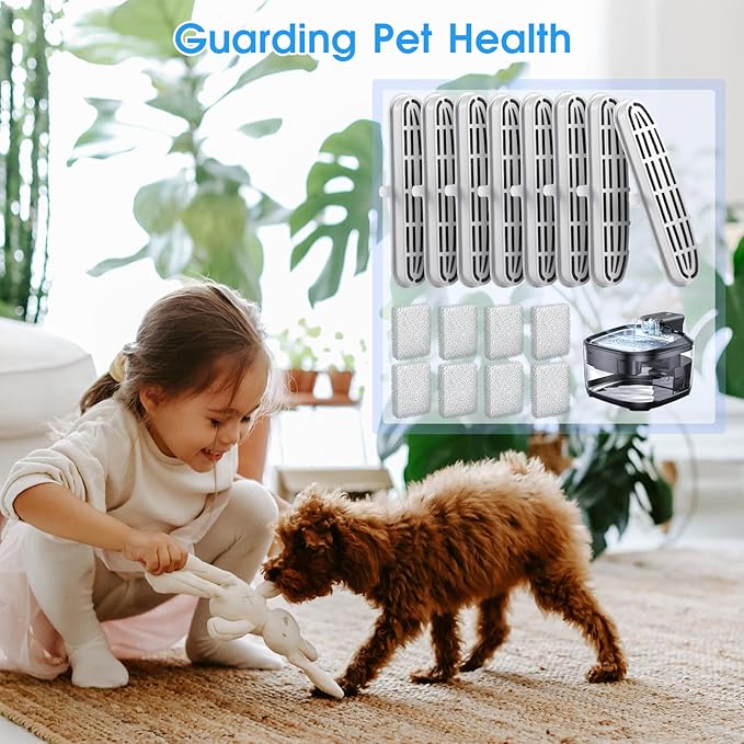 16 Pack Cat Water Fountain Filters-Cat Fountain Replacement Filters for Stainless Steel 108/3.2L Adjustable Water Flow Pet Water Fountain(8 Filters&8 Sponges)