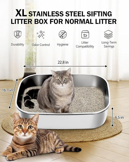 Stainless Steel Sifting Litter Box with Lid, Metal Litter Pan with Scoop for Big Cats Multi Cat, Extra Large Cats Litterbox Odor Control Easy Clean