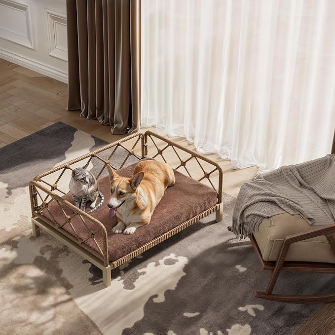 Dog Bed with Cushion, Cooling Elevated Raised Beds with Rattan Breathable Mesh and Universal Mat, Indoor & Outdoor Pet Cots for Small Dog, Brown