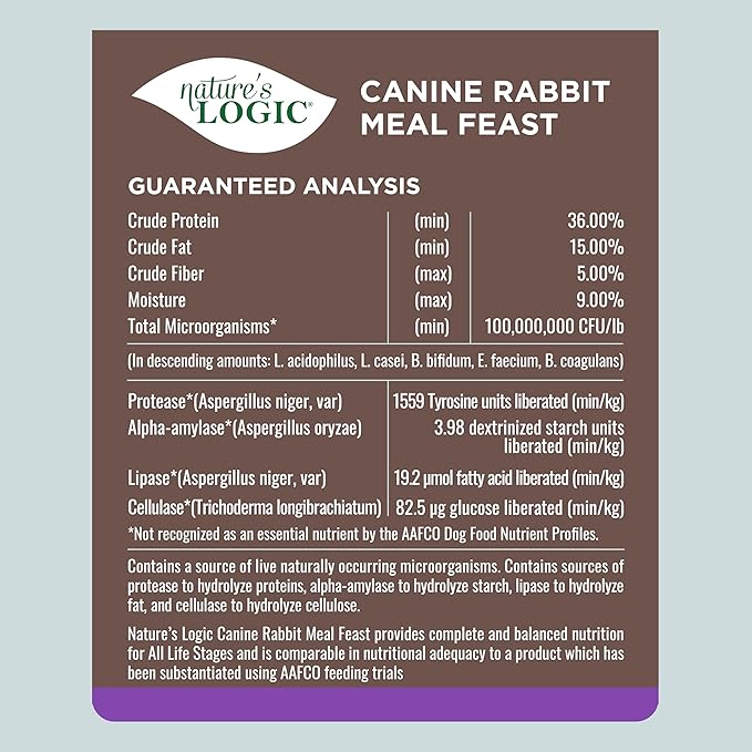 Nature's Logic Dry Dog Food - 100% Natural - No Synthetics - For All Ages, Sizes, Breeds - Free From Common Allergens, High Protein - Rabbit Meal Feast, 4.4lbs