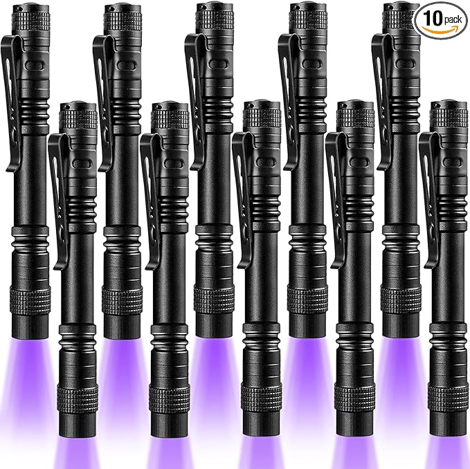 Beieverluck 10 Pack UV Black Light Flashlight Mini 395nm Pen Light with Clip LED Handheld Blacklight Detector for Leak Pet Urine Hotel Inspection Dry Stain and Bed Bug, Large