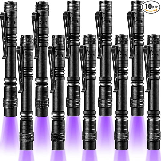 Beieverluck 10 Pack UV Black Light Flashlight Mini 395nm Pen Light with Clip LED Handheld Blacklight Detector for Leak Pet Urine Hotel Inspection Dry Stain and Bed Bug, Large