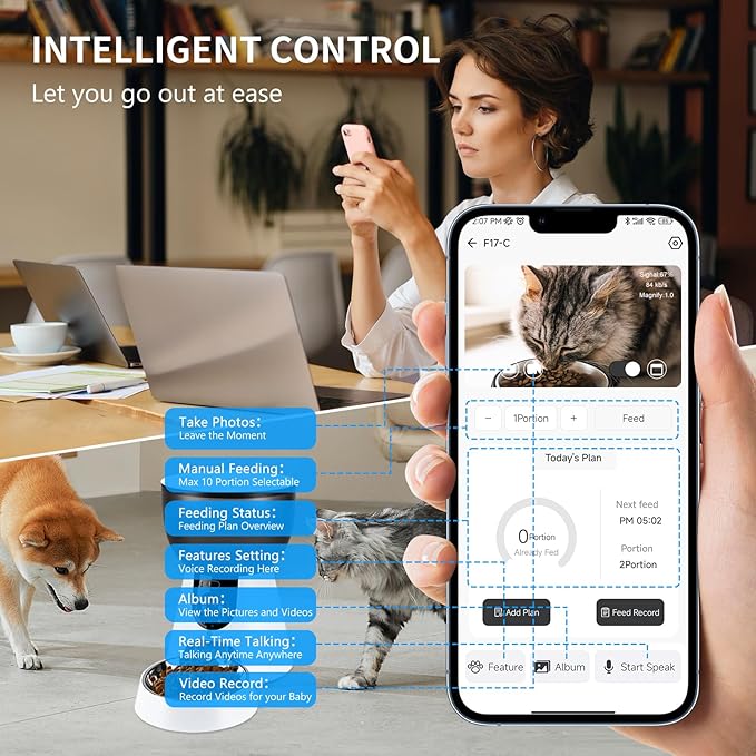 Automatic Cat Pet Feeder Camera, 5G Wi-Fi Smart App Control 4L Timed Cat Dog Food Dispenser 1080 HD Video Recording with Night Vision Two-Way Audio Memory Function Easy to Use