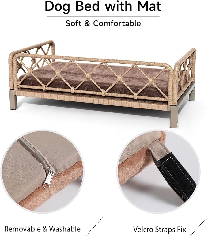 Dog Bed with Cushion, Cooling Elevated Raised Beds with Rattan Breathable Mesh and Universal Mat, Indoor & Outdoor Pet Cots for Large Dog, Brown