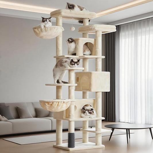 Hey-brother Cat Tree, 74 inches Multi-Level XL Large Cat Tower for Indoor Cats with Three Cat Condos, Two Large Top Decks and Cat Hairbrushfor Kittens, Cats and Pets, Beige MPJ035-MM