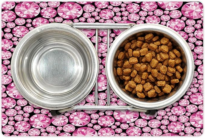 Lunarable Feminine Pet Mat for Food and Water, Big Vivid Diamond on The Dark Background Engagement and Wedding Themed Print, Non-Slip Rubber Mat for Dogs and Cats, 18" X 12", Pink