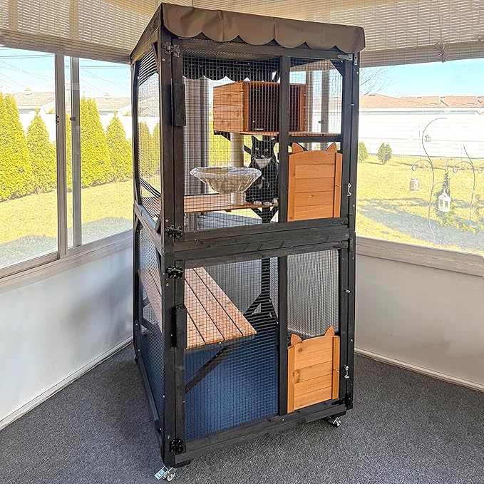 Aivituvin Outdoor Catio Cat Enclosures on Wheels Cat House 70.9" Large Kitty House with Upgraded Resting Box,Waterproof Roof Cover,Brown