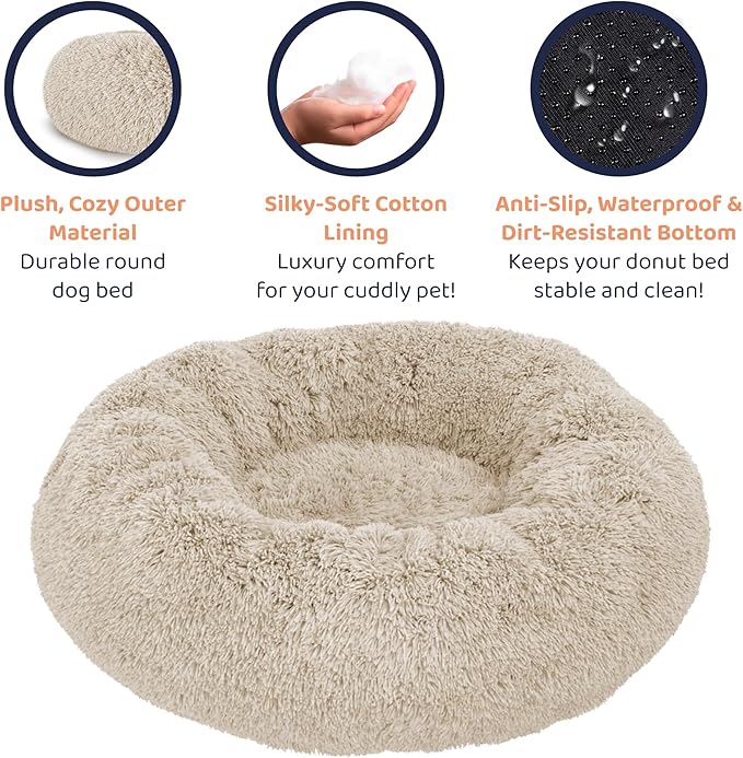 Donut Dog Bed - Premium Comfort for Anxiety Relief - Fluffy & Calming Design with Ultra-Plush Support | Cozy Round Dog Bed with Super Soft Circle Style (Size S Beige)