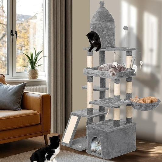 Large Cat Tree Tower for Large Cats, Cat Scratching Post, Self Grooming Post, Interactive Cat Toys, Oversized Perch and Basket, Heavy Duty 72", Light Grey