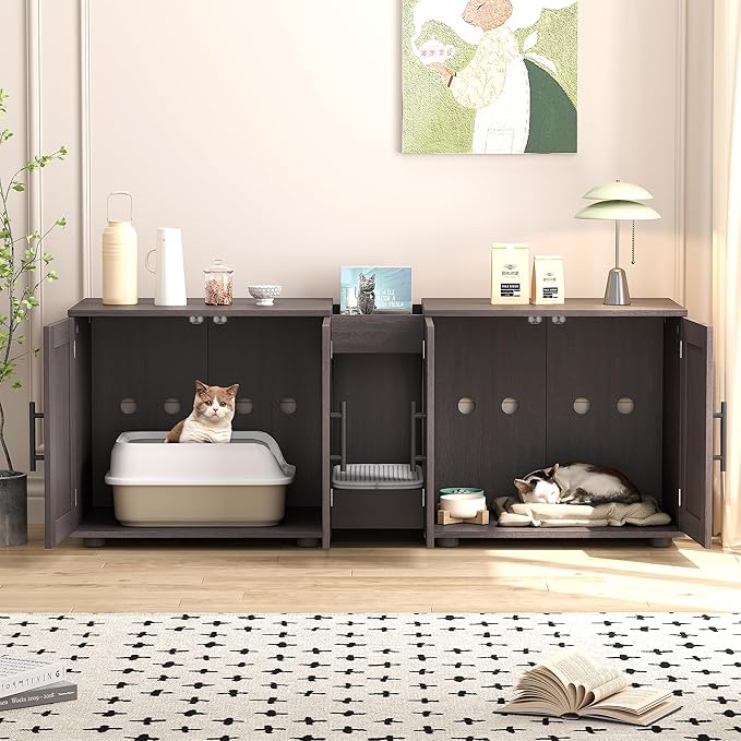 Double Litter Box Enclosure, Litter Box Enclosure with Double Room,Cat Hidden Litter Box Enclosure Furniture for 2 Cats with Double Room, 55”L x 17.7”W x 22.5”H Cat House, Wooden Cat Litter Box