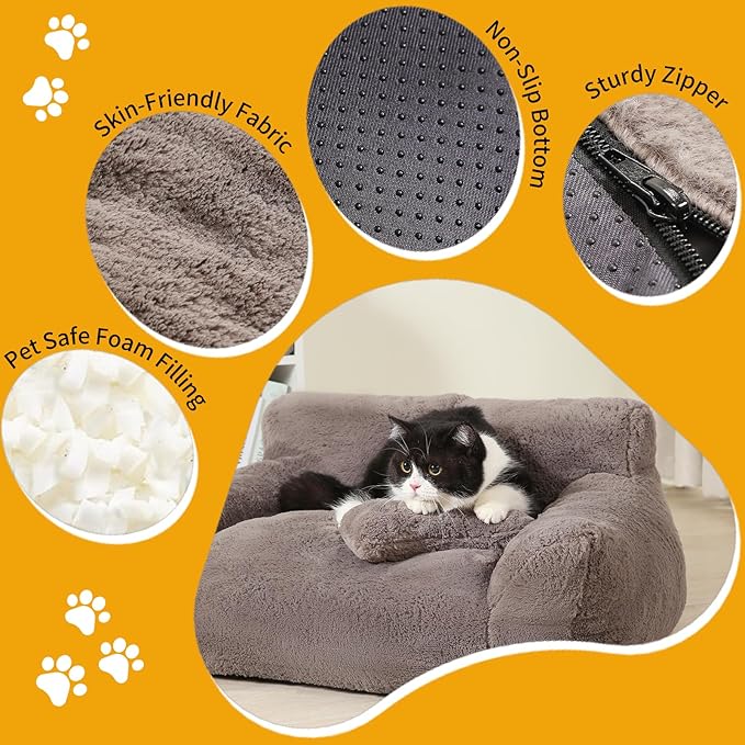 Fluffy Cat Couch for Indoor Cats, Small Dog Bed with Bone Shaped Pillow, Anti-Anxiety Pet Bed with Washable Cover, Brown