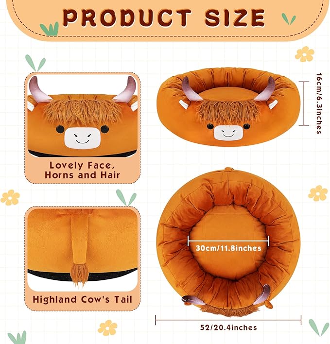 Highland Cow Heated Cat Bed - Cute Round Dog Bed, Warming Pet Bed for Indoor Cats & Small Dogs, Washable Calming Nest with Heating Pad & Timer, Cow Pet Heating Pad for Cats and Dogs