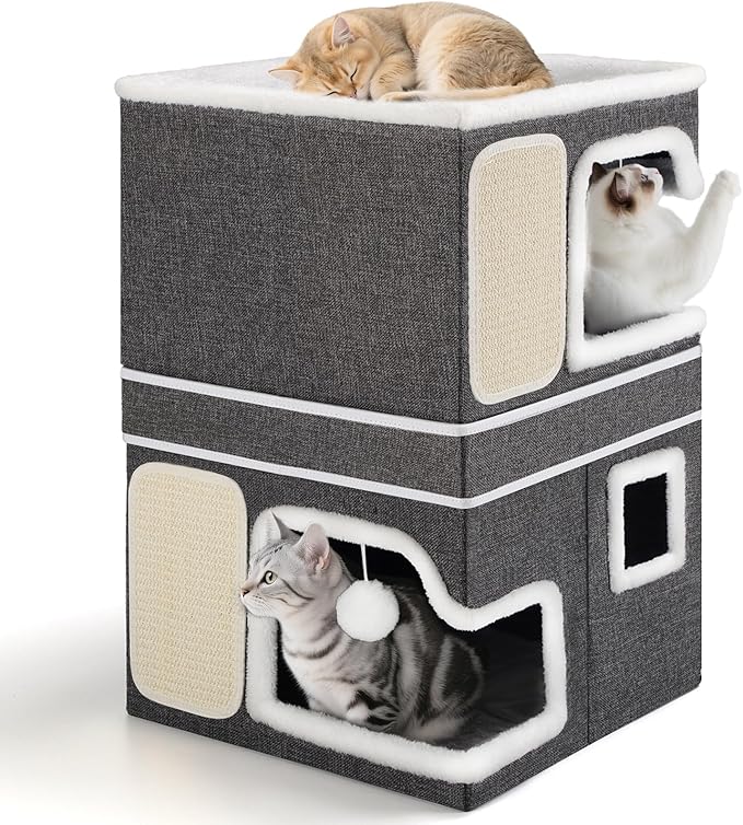 Double Cat Beds for Indoor Cats, 2-Storey Cat House with Large Cozy Hideaways, Dual Purpose Cat Cave Cube with Scratch Pads, Hanging Balls, Foldable Indoor Cat Houses for Multi Cats Kittens Small Pets