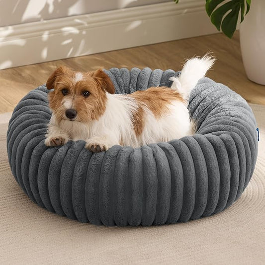 Bedsure Donut Small Dog Bed - Dog Beds for Small Dogs with Corduroy Fleece & Anti Slip Bottom, Round Faux Fur Pet Beds with Washable Removable Cover, Warm Grey, 27x27x8 inches