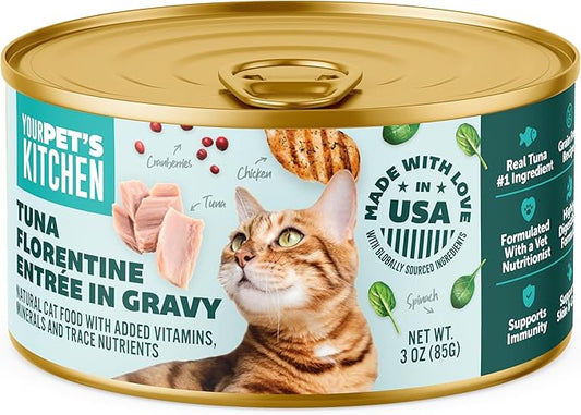 YOUR PET'S KITCHEN Canned Wet Cat Food, Tuna Florentine Entrée in Gravy - 3 oz Cans (Pack of 24), Made in The USA with Real Tuna