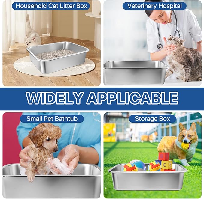 Stainless Steel Cat Litter Box, 16 x 12 x 4 Large Litter Box, Non Stick Kitty Litter Pan with Metal Litter Scoop and Anti Slip Stickers for Kitten, Guinea Pig and Rabbit