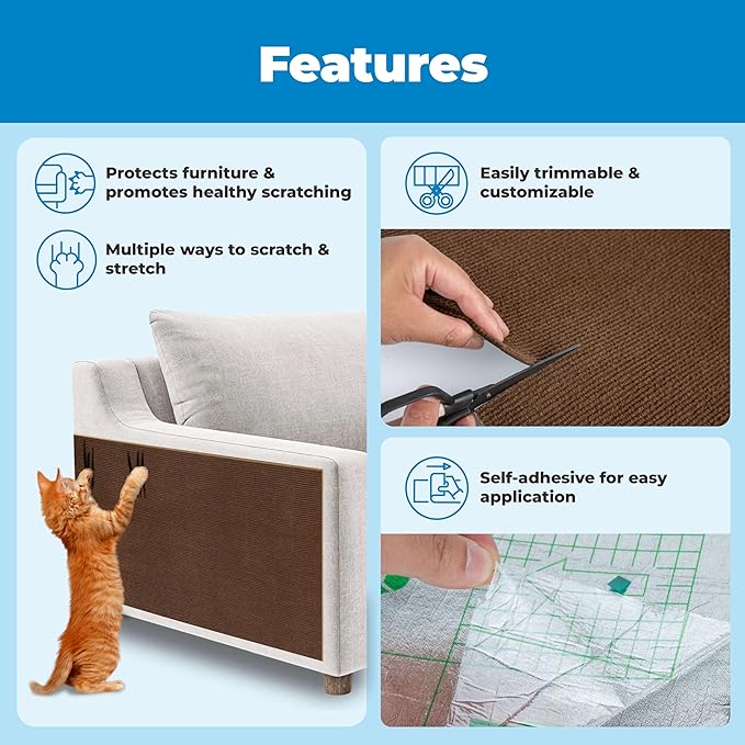 Best Pet Supplies Catify Peel & Stick Cat Scratching Mat – Self-Adhesive, Trimmable Cat Scratch Pad Cover - Carpet, Sofa, Furniture Protector – Replaceable Adhesive Stickers - Brown & 78.7 x 15.8