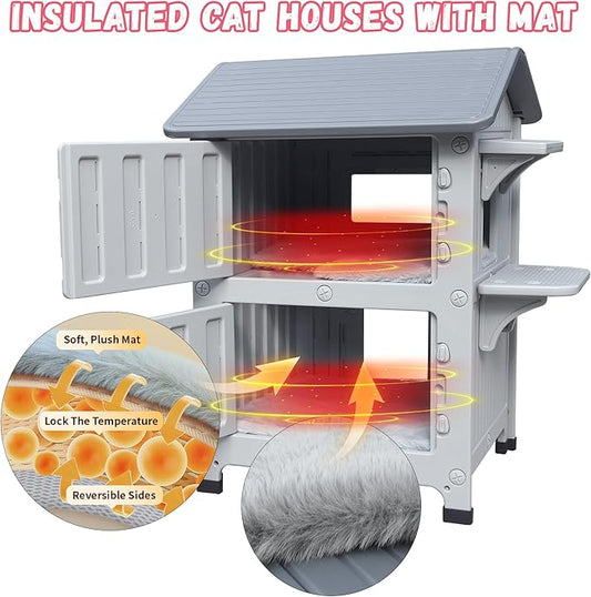 Waterproof Cat House for Outdoor Cats, Plastic 2 Story Insulated Outdoor Cat House with Soft Mat & Escape Door, Sturdy Cat Houses for Outdoor Cats, Easy to Clean-Grey
