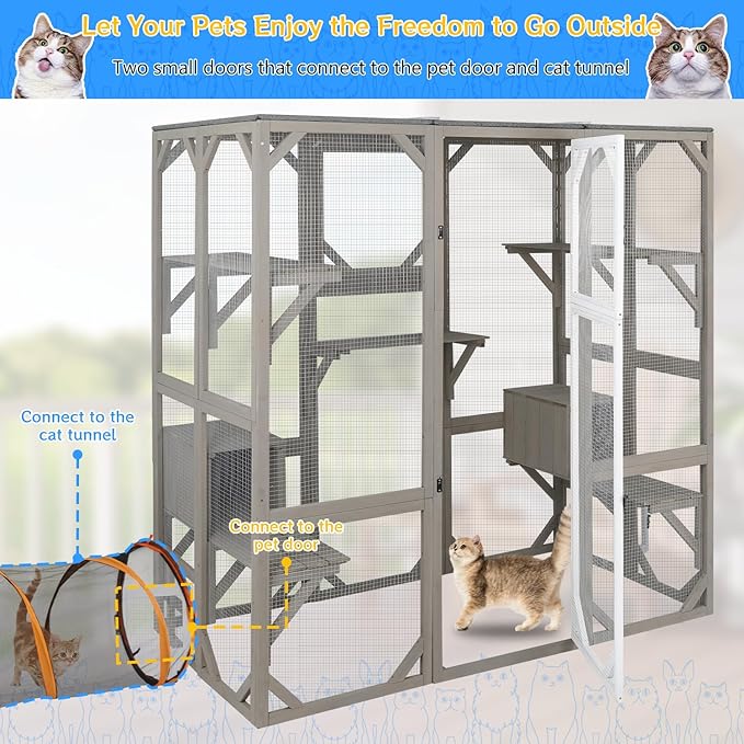 Catio Outdoor Cat Enclosure Cat House, Large Wooden Walk-in Cat Cage Condo Indoor Playpen with Multi Platforms, Flat Roof, and 2 Resting Box (Grey, 70.9" L x 36.5" W x 70.9" H)