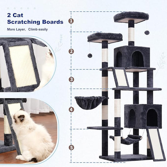 Cat Tree for Indoor Cats, 71'' (180cm) Multi-Level Cat Tower for Large Adult, Sturdy Cat Tree House with 2 Scratching Boards 7 Posts, 2 Plush Perches/Condos, Hammock, Smoky Gray GCT032G