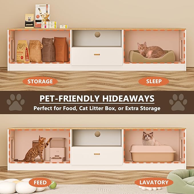 98.4" White TV Stand and Cat Tree Cabinet, 2-in-1 Entertainment Center and Cat Climbing Furniture with Scratching Posts Cat Door, Modern Wooden Design with Storage and Drawer for Living Room