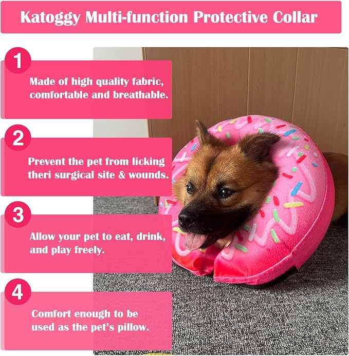 Katoggy Inflatable Dog Cone Collar for Dogs After Surgery, Soft Adjustable Blow up Donut Dog E-Collar for Small Medium Large Dog and Cats,Pink Donut,X-Large