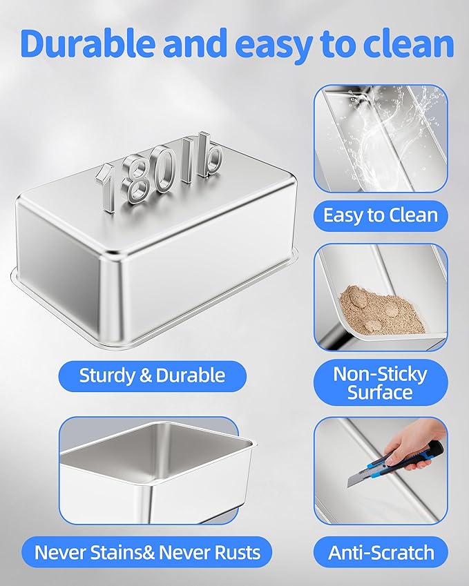 Stainless Steel Litter Box Set- [6-in-1] Large Cat Litter Box with Peadl, Mat, Scoop, Brush, Cat Wands, Non-Sticky Metal Litter Box for Cat, Kitty, Odorless, Easy Clean (23.6"x15.7"x6", 2 Pack)