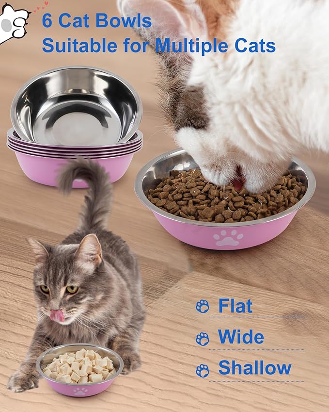 6 PCS Stainless Steel Cat Bowls, Non-Slip Stainless Cats Food Bowl Metal Cat Dishes Whisker Fatigue Kitten Plates Shallow Wide Kitten Bowls, 5.5” Whisker Friendly Food Dish