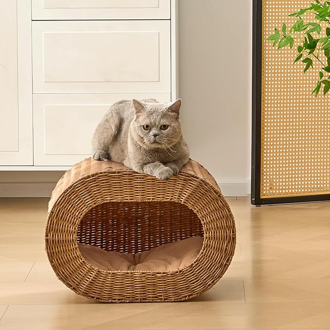 Cat House,Handwoven Cat Cave Pet Cube, Rattan Cat Beds Indoor Kitten House with Double-Sided Soft Cushions, Pet Cat House for Multiple Cats, for Living Room Bedroom