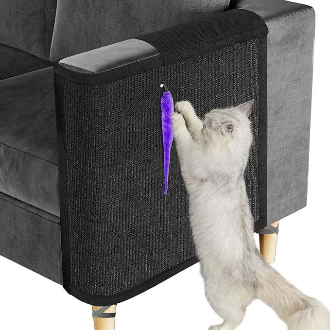Cat Scratch Couch Protector,Cat Scratch Sofa Armest Cover with Sisal Mat and a Toy for Small Animals Indoor use 23.6’’L*19.7’’W (Black/Left Hand)