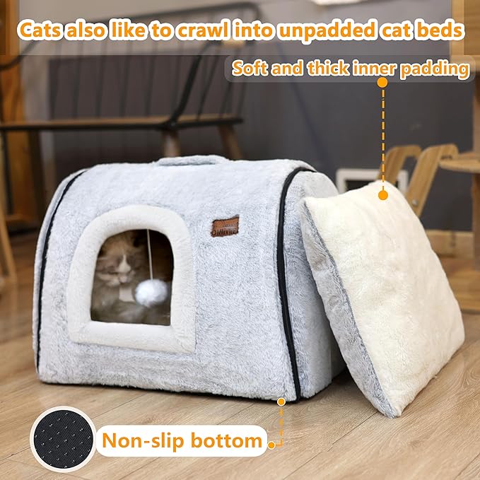 cat Bed cave-cat beds for Indoor Cats,Soft and Comfortable Cute Pet Bed，cat House,with Removable Washable Cushioned Pillow,Enclosed cat Bed,Kitty cat hut、Hideaway,Small Large Dog Tent (Grey)