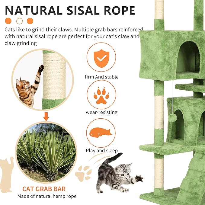 BestPet 70in Cat Tree Tower for Indoor Cats,Multi-Level Cat Furniture Activity Center with Cat Scratching Posts Stand House Cat Condo with Funny Toys for Kittens Pet Play House,Green