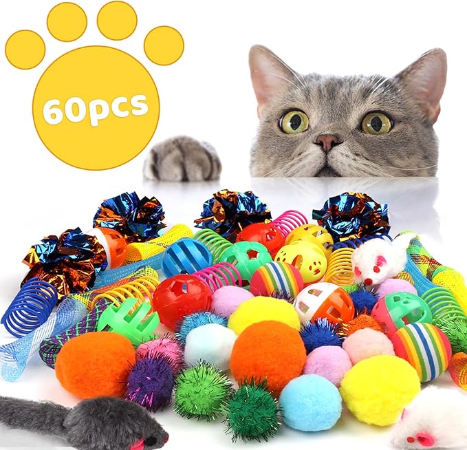 Kitten Toys, 60PCS Cat Balls Springs Toy Set, Cat Mouse Toy, Kitten Sparkle Crinkle Balls Furry Soft Pom Pom