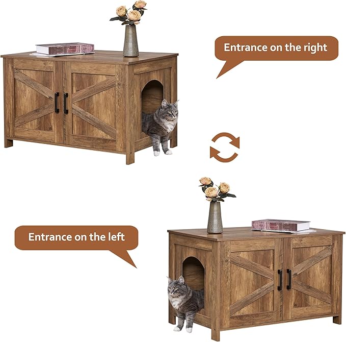 Homhedy Cat Litter Box Enclosure, Wooden Cat Washroom Furniture with Barn Door, Pet House, Fit Most of Litter Box, Rustic Walnut