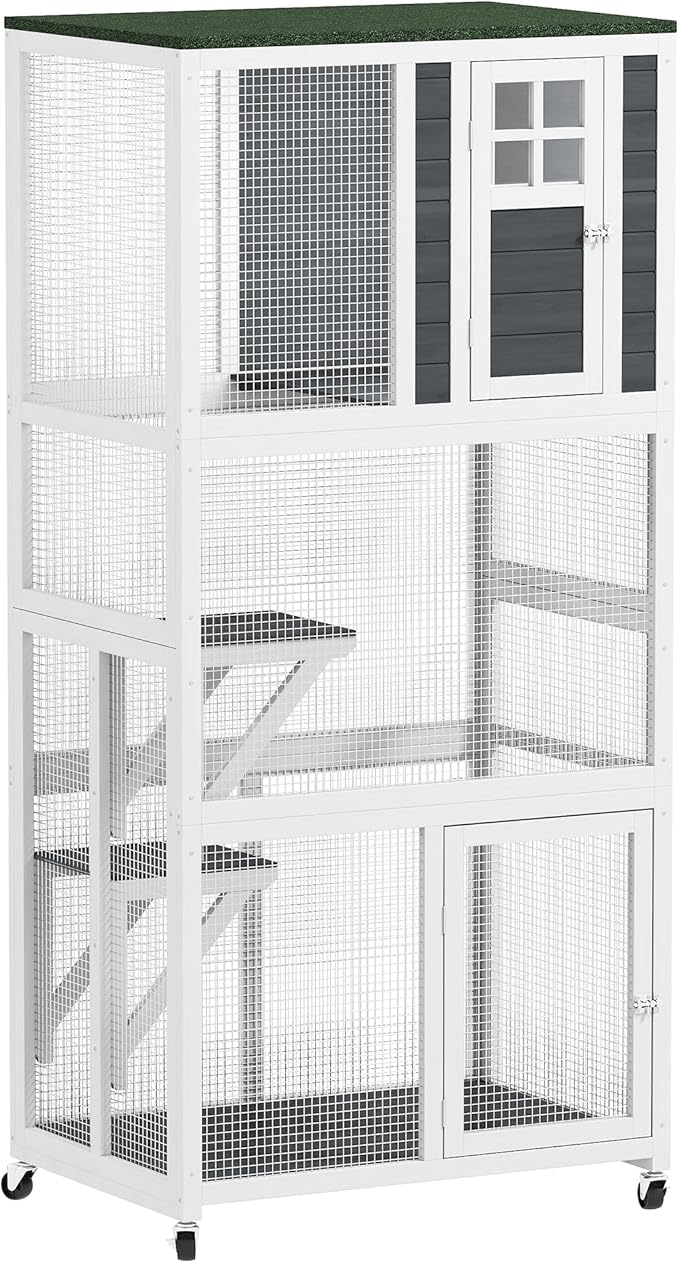 PawHut 74" Wooden Catio Outdoor Cat Enclosure Weatherproof & Wheeled, Outside Cat House with High Weight Capacity, Kitten Cage Condo, White