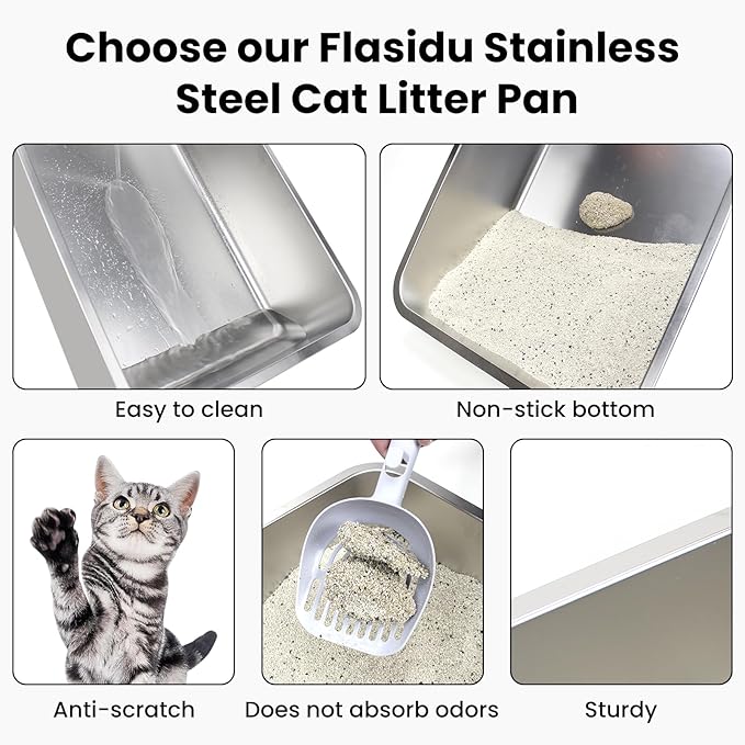 Stainless Steel Litter Box for Cats - Durable Open Design, High-Sided, Non-Stick Tray for Mess-Free Indoor Use, Multi-Pet Friendly for Rabbits, Guinea Pigs, and Small Pets