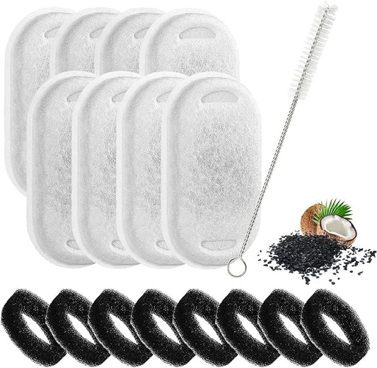Cat Water Fountain Filters Replacement (16-Piece Pack) - 8 Filters + 8 Sponges + Cleaning Brush - Compatible with 3L (108oz) & 2L (67oz) Stainless Steel Pet Fountains