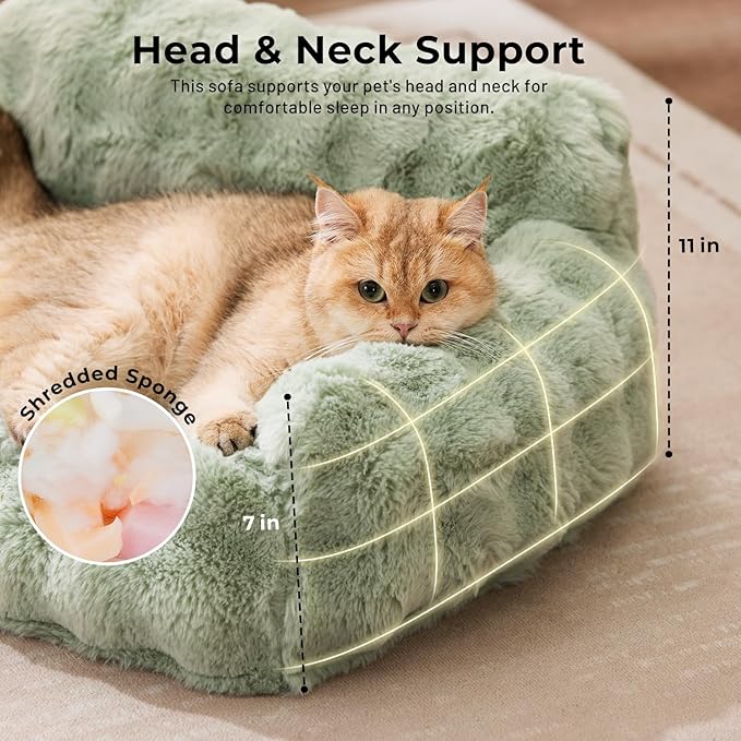 Orthopedic Cat Couch Bed for Indoor Cats, Cute Small Dog Sofa with Supportive Egg Foam, Fluffy Faux Fur Removable Washable Cover and Non-Slip Bottom, Sage Green