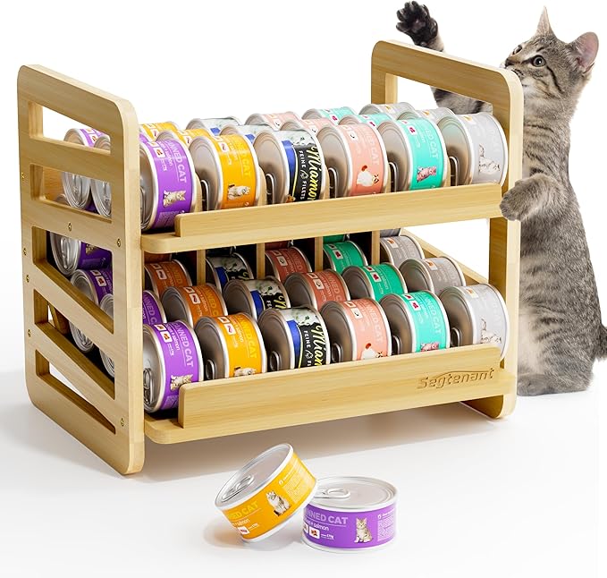 Rolling Bamboo Cat Food Can Organizer, 2-Layer Wet Cat Food Storage Container Holds 42 (3oz) Cans, Canned Cat Food Organizer and Storage for Countertop Kitchen Cabinet or Pantry Shelf