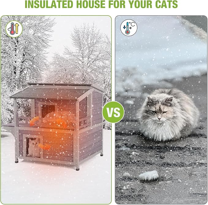 GUTINNEEN Outdoor Cat House Insulated Liner for Winter, Weatherproof Heated Outside Feral Cat Shelter, 2-Story Kitten House with Large Balcony