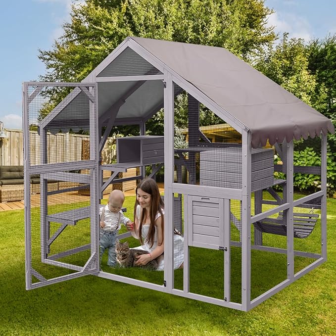Aivituvin Catio Outdoor Cat Enclosure Large for Multiple Cats Wooden Cat House Outside Kitty Condon Cat Run Weatherproof