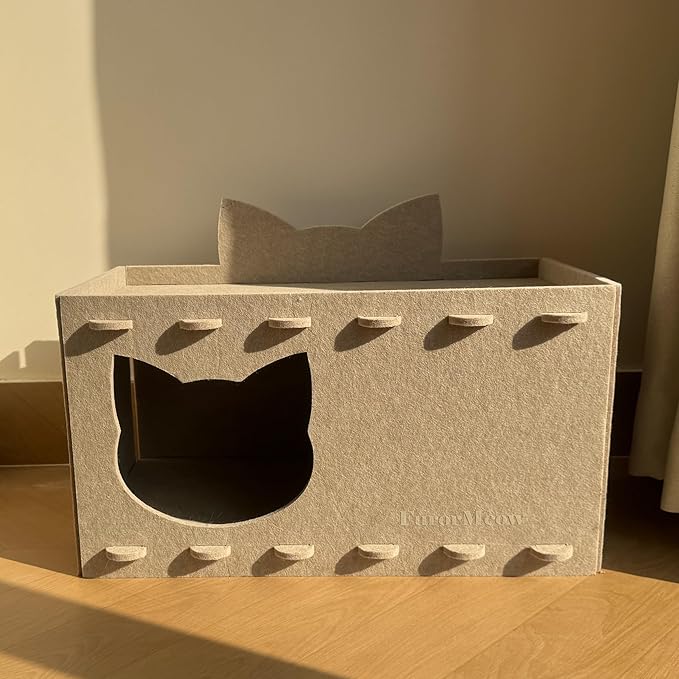 Cat House Cat Ear Design, Large Spacious Cozy Indoor Cat Bed Cave, Scratch Resistant Strong Thick Premium Felt Condo, Fun Hideaway for Multiple Cats, Up to 35LB, 21.5x13x11.6 inches (Beige)