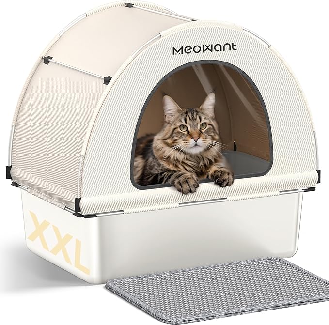 Meowant Stainless Steel Cat Litter Box, Extra Large 3-in-1 Covered Litter Box with High Sided Oxford Fabric Cover & Extendable Litter Scoop, Leakproof, Odor Resistant, Non-Sticky, Easy Cleaning