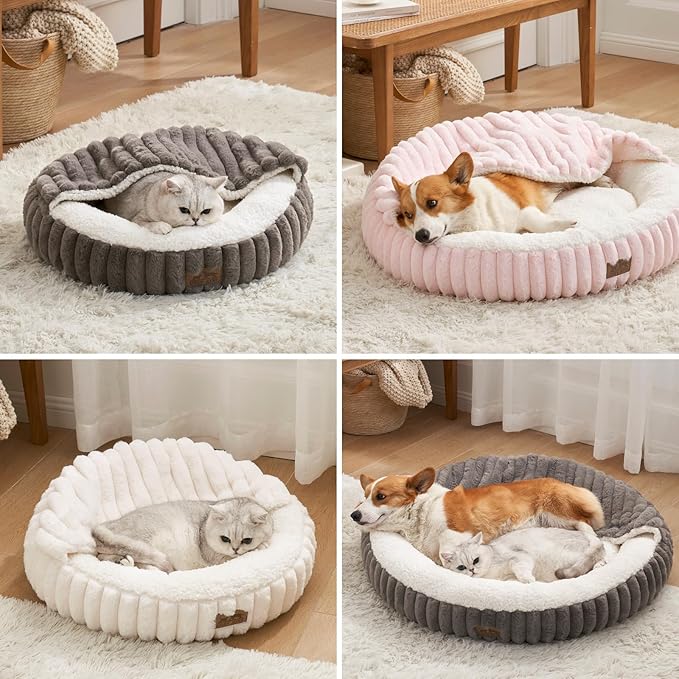 Dog Bed with Hooded Blanket, Round Fluffy Anti-Anxiety Pet Bed for Medium Dogs & Large Dogs, Cozy Donut Cuddler with Machine Washable Faux Fur & Anti-Slip Bottom(35"×35"×7",Pink)