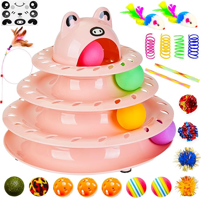 Gefryco 26PCS Cat Toys Roller 4-Level Turntable for Indoor Cats, Self Play Cat Toy Track with Colorful Balls Interactive Kitten Puzzle Toys, Fun Kitty Exercise Toys Set(Pink)