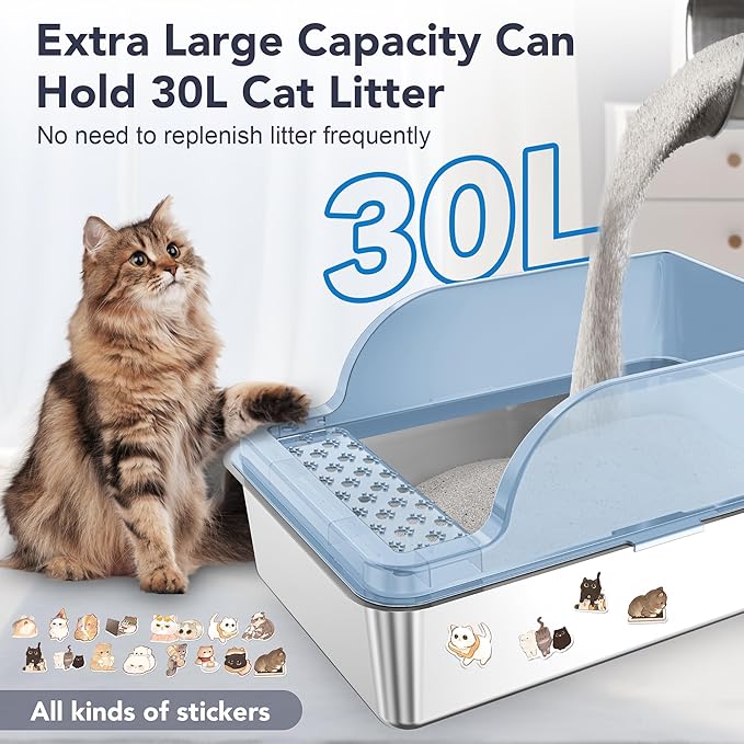 UPSKY Stainless Steel Cat Litter Box with Lid, XL Large Metal Litter Box for Large Breeds, Enclosed Kitty Litter Pan with High Sides, Leak-Proof & Non-Stick, Easy to Clean, Scoop and Mat Included