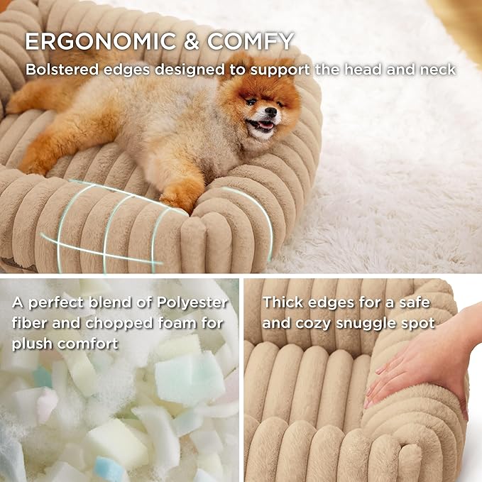 Bedsure Washable Dog Bed for Medium Dogs - Cute Furry Puppy Beds, Rectangle Orthopedic Corduroy Fleece Pet Beds with Removable Zipper Cover, 30x24x8inches, Sandy Tan
